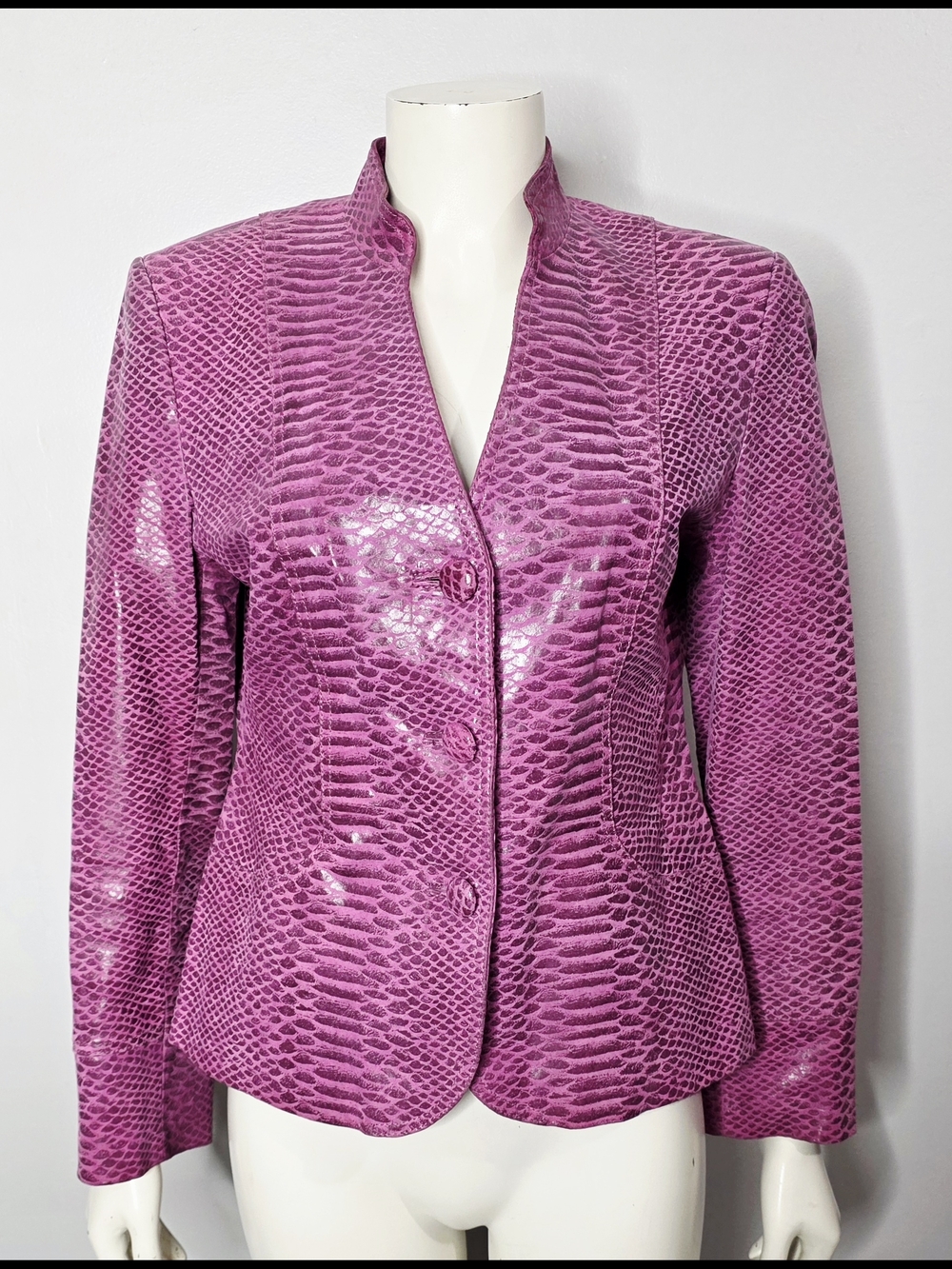 Women's Pink Leather Faux-Snakeskin Button Blazer Jacket